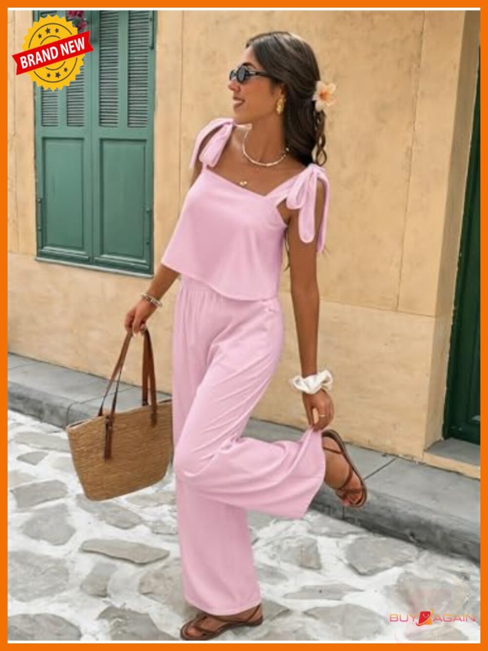 Women's 2 Piece Set Tie Shoulder Crop Top and Pants Travel Outfits - Picture 3 of 4